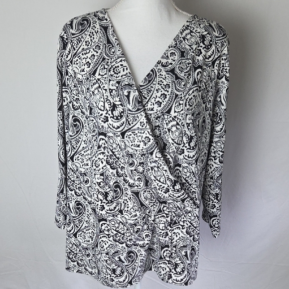 Talbets Plus Women's 2X Black White Paisley Faux Wrap Blouse 3/4 Sleeve - Picture 1 of 8